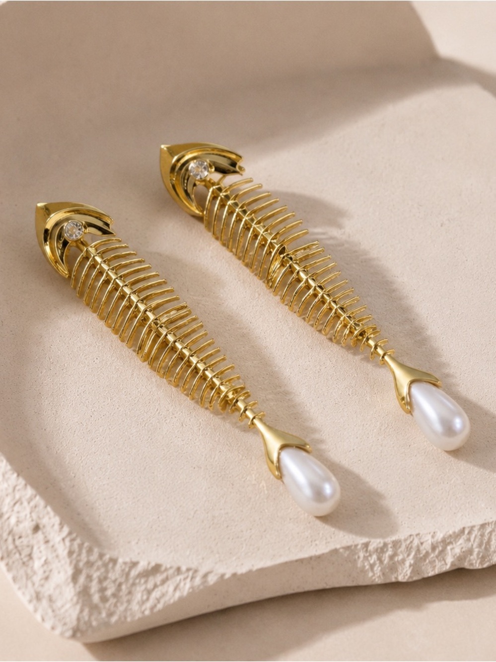 Fish Bone Earrings Pearl Skeleton Long Gold Boho Stud Statement Boho VTG